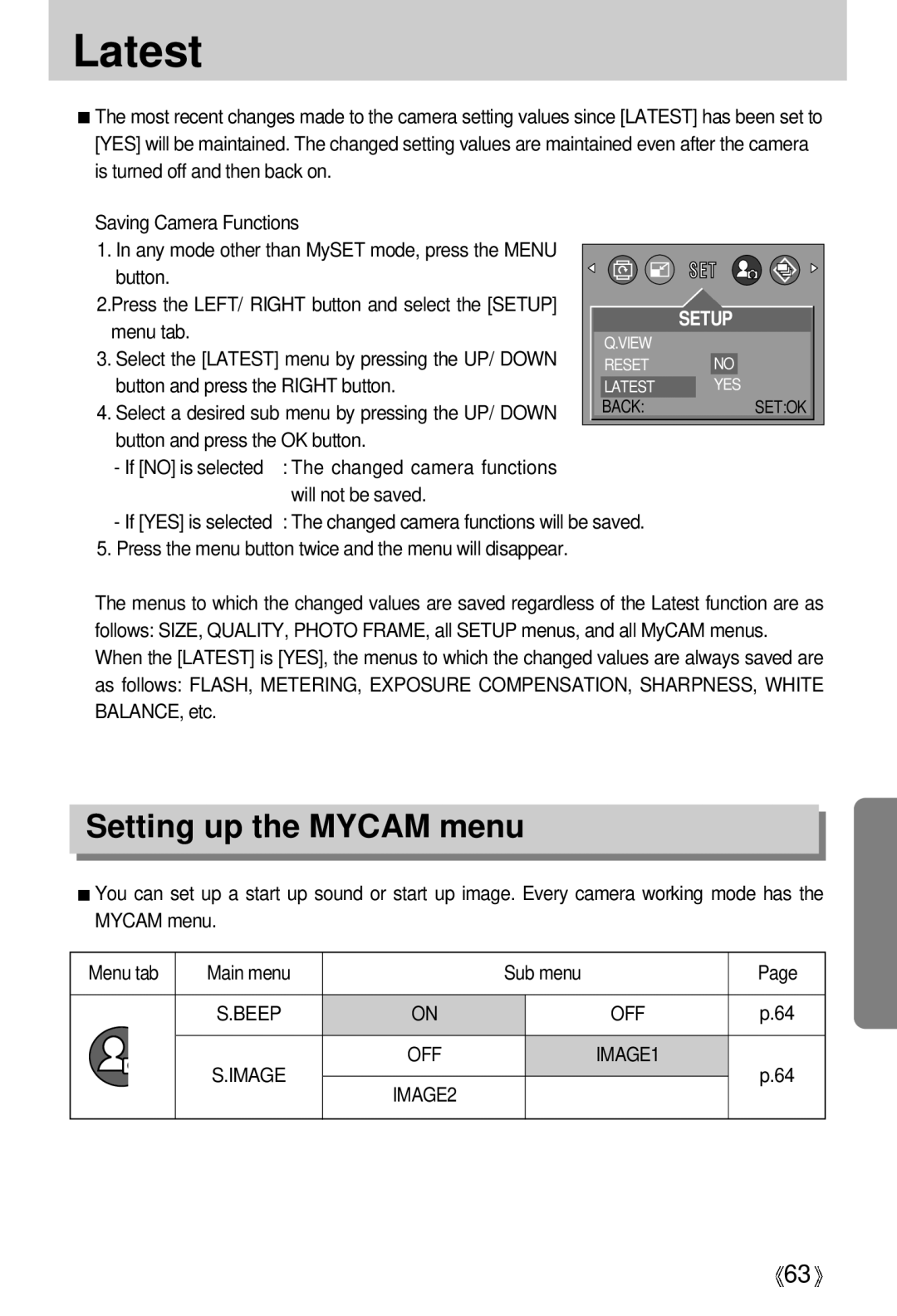 Samsung Digimax 202 manual Latest, Setting up the Mycam menu 