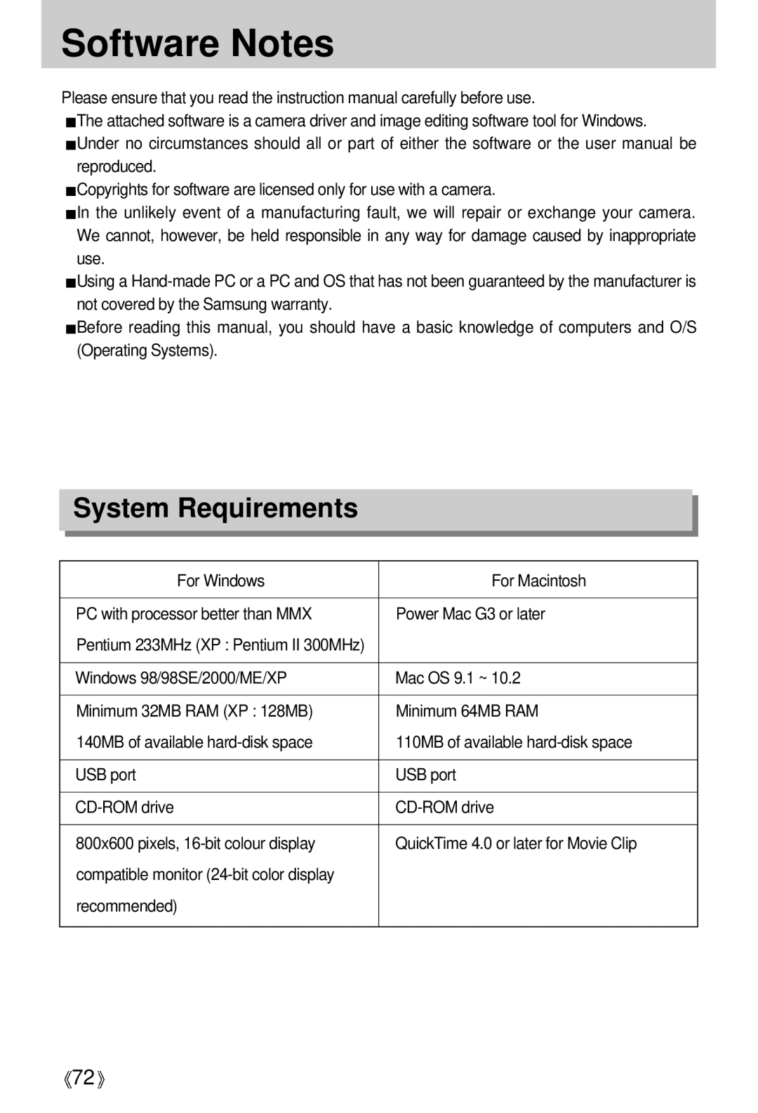 Samsung Digimax 202 manual Software Notes, System Requirements 