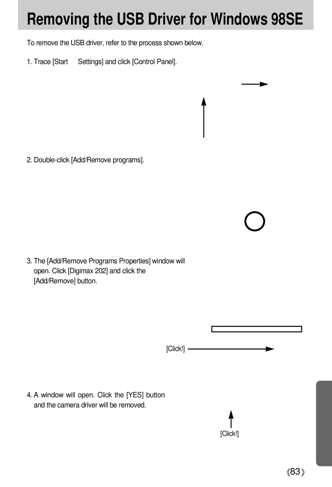 Samsung Digimax 202 manual Removing the USB Driver for Windows 98SE 