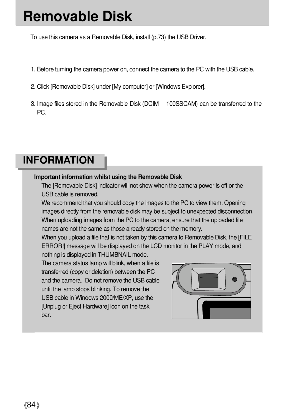 Samsung Digimax 202 manual Important information whilst using the Removable Disk 