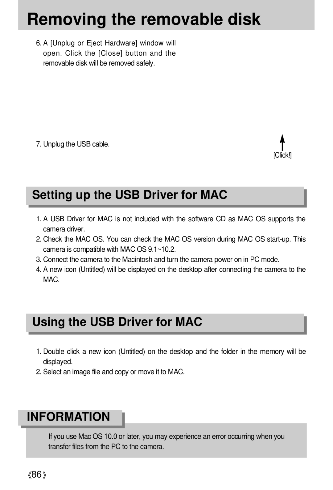 Samsung Digimax 202 manual Setting up the USB Driver for MAC, Using the USB Driver for MAC 