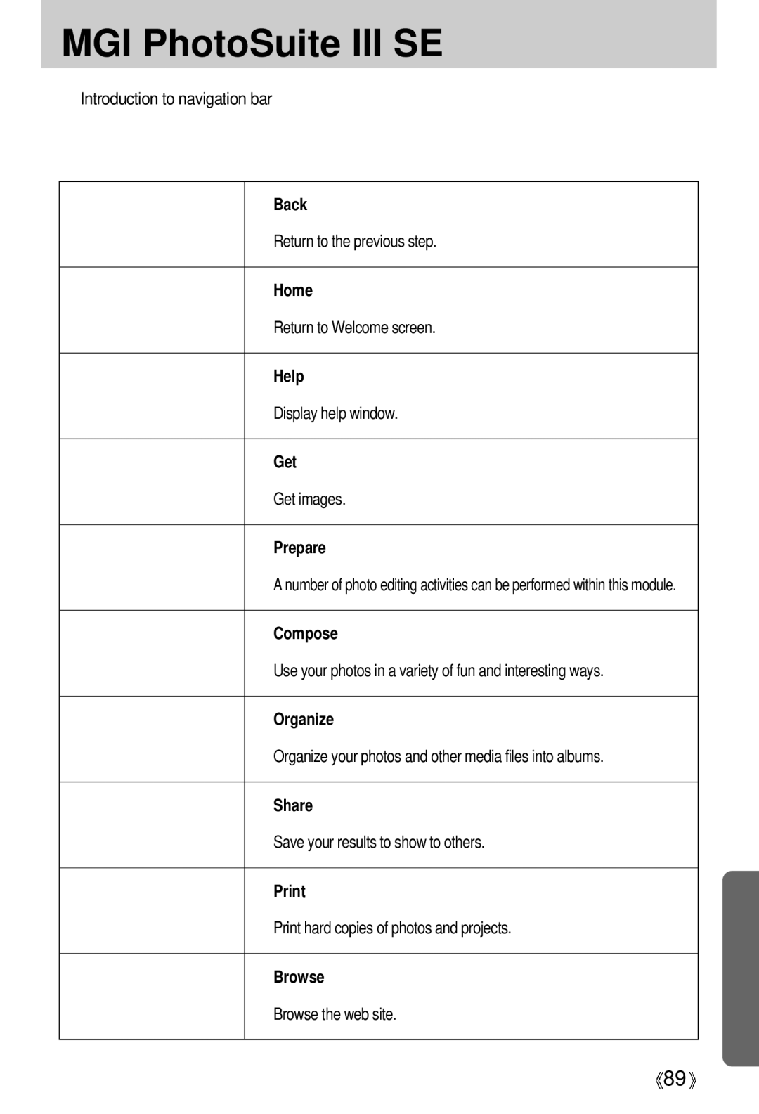 Samsung Digimax 202 manual Introduction to navigation bar, Return to the previous step, Return to Welcome screen 