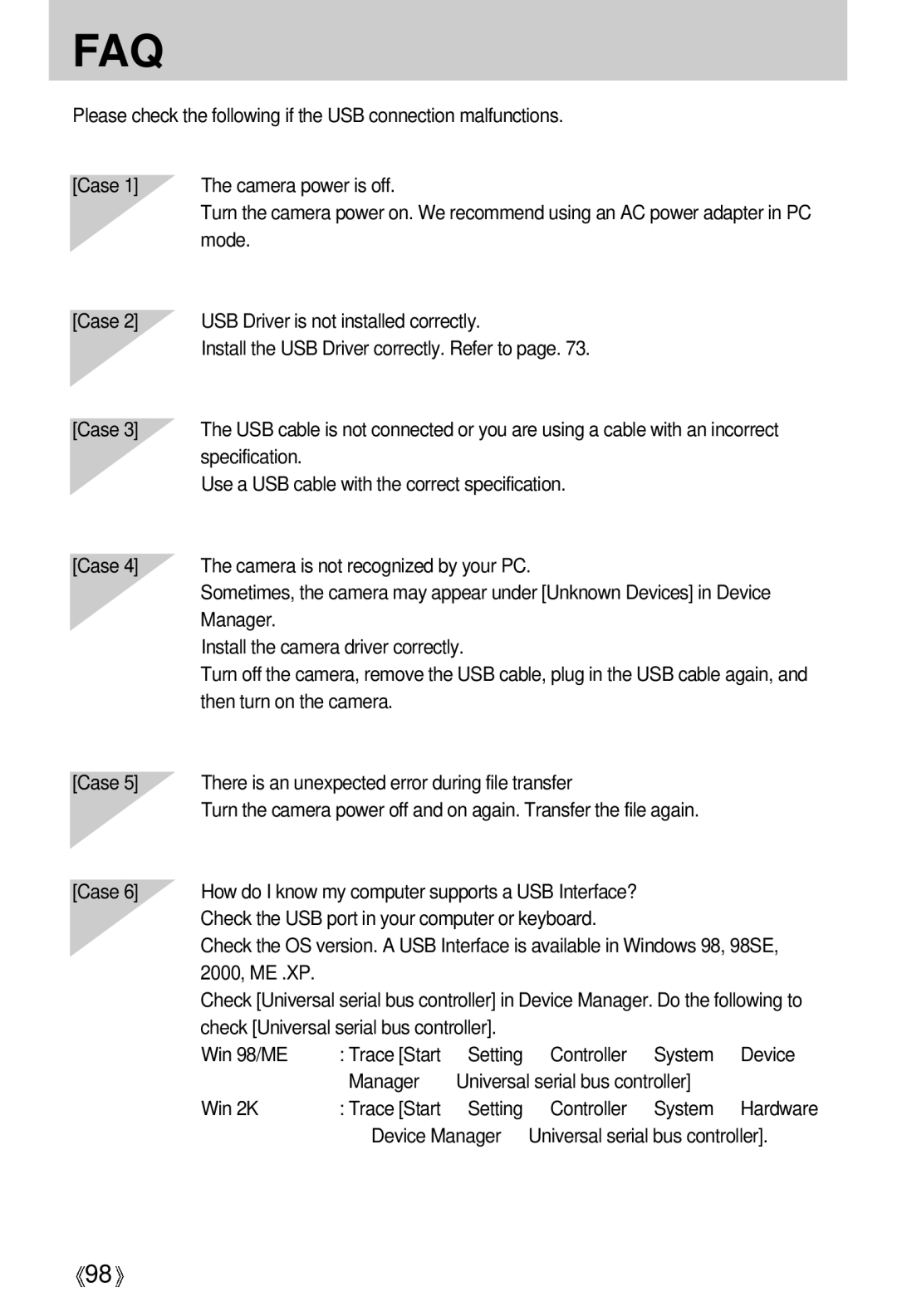 Samsung Digimax 202 manual Manager Install the camera driver correctly, Check the USB port in your computer or keyboard 