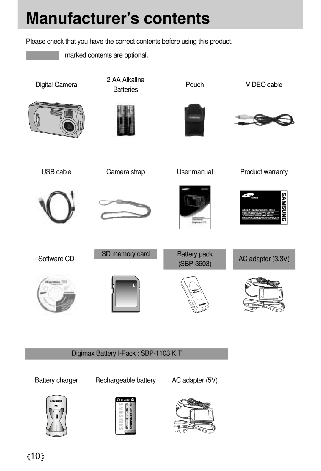 Samsung Digimax 301 manual Manufacturers contents 