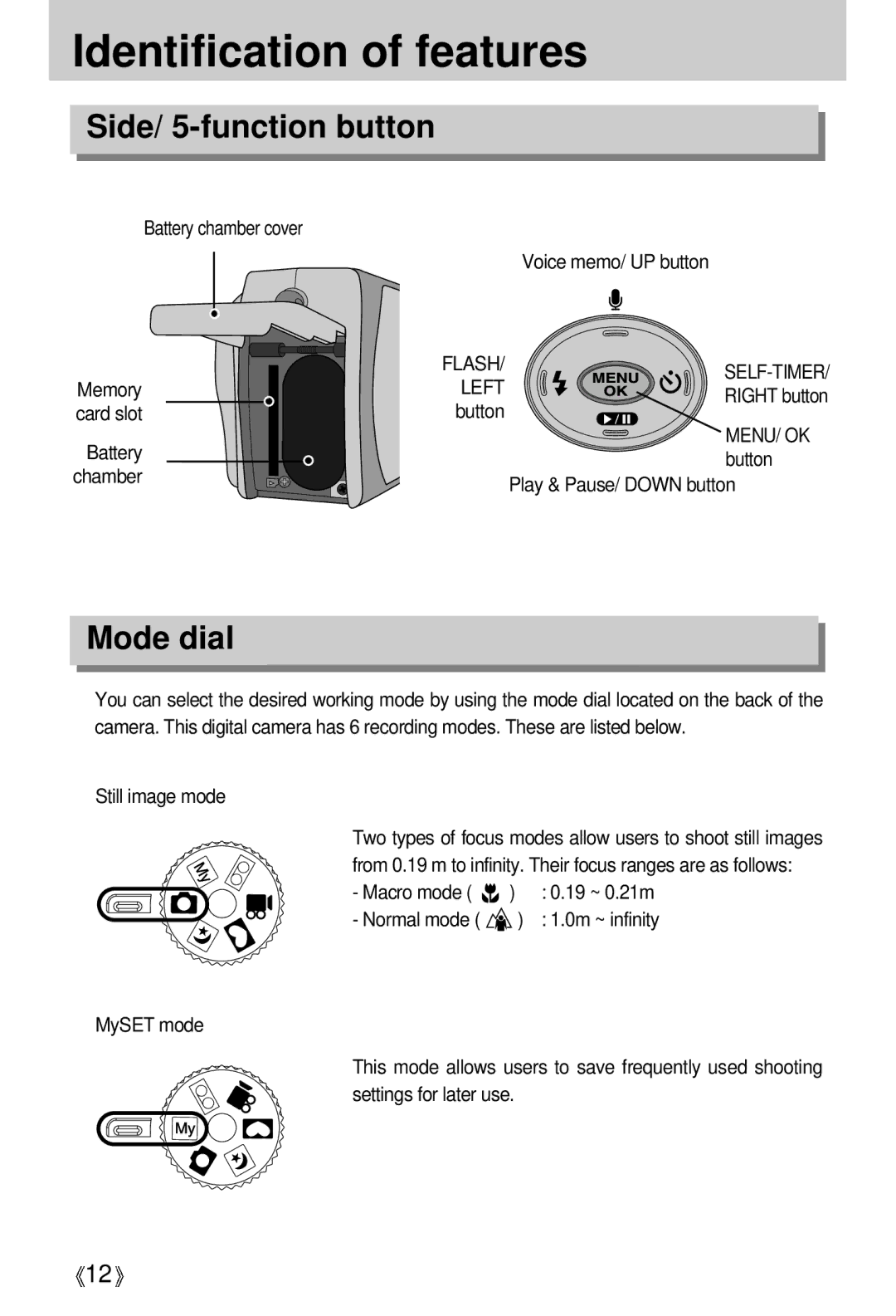 Samsung Digimax 301 manual Side/ 5-function button, Mode dial 