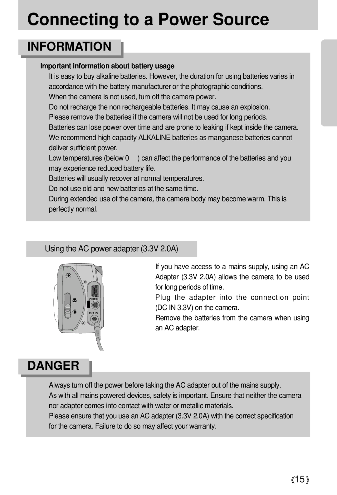 Samsung Digimax 301 manual Connecting to a Power Source, Information 