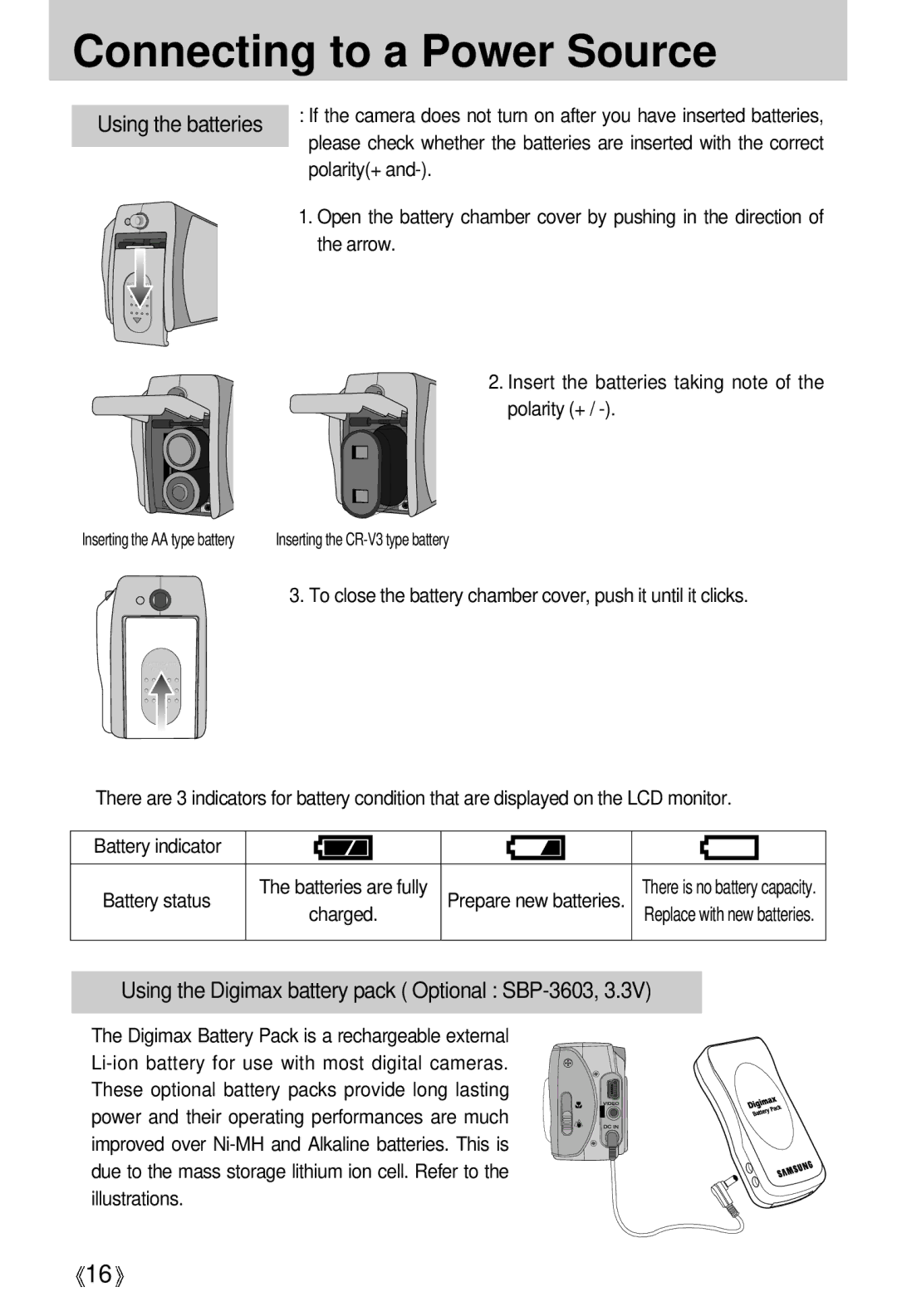 Samsung Digimax 301 manual Arrow, Insert the batteries taking note of the polarity + 