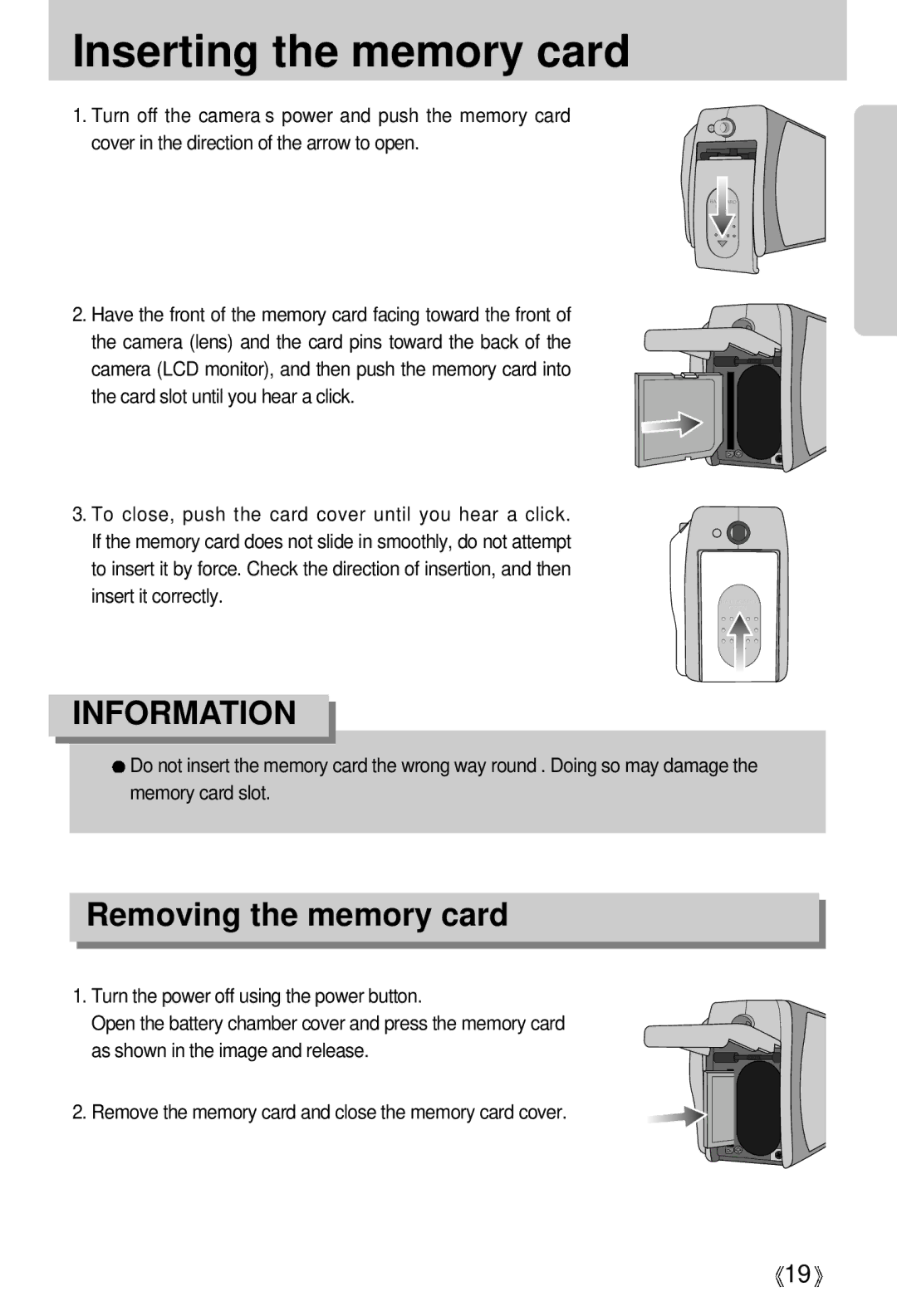 Samsung Digimax 301 manual Inserting the memory card, Removing the memory card 