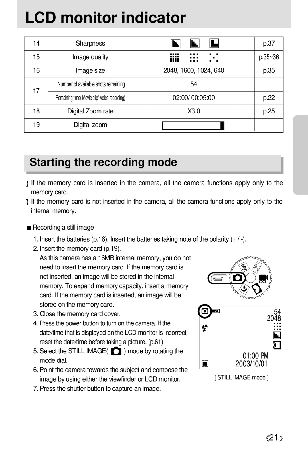 Samsung Digimax 301 Starting the recording mode, Close the memory card cover, Press the shutter button to capture an image 