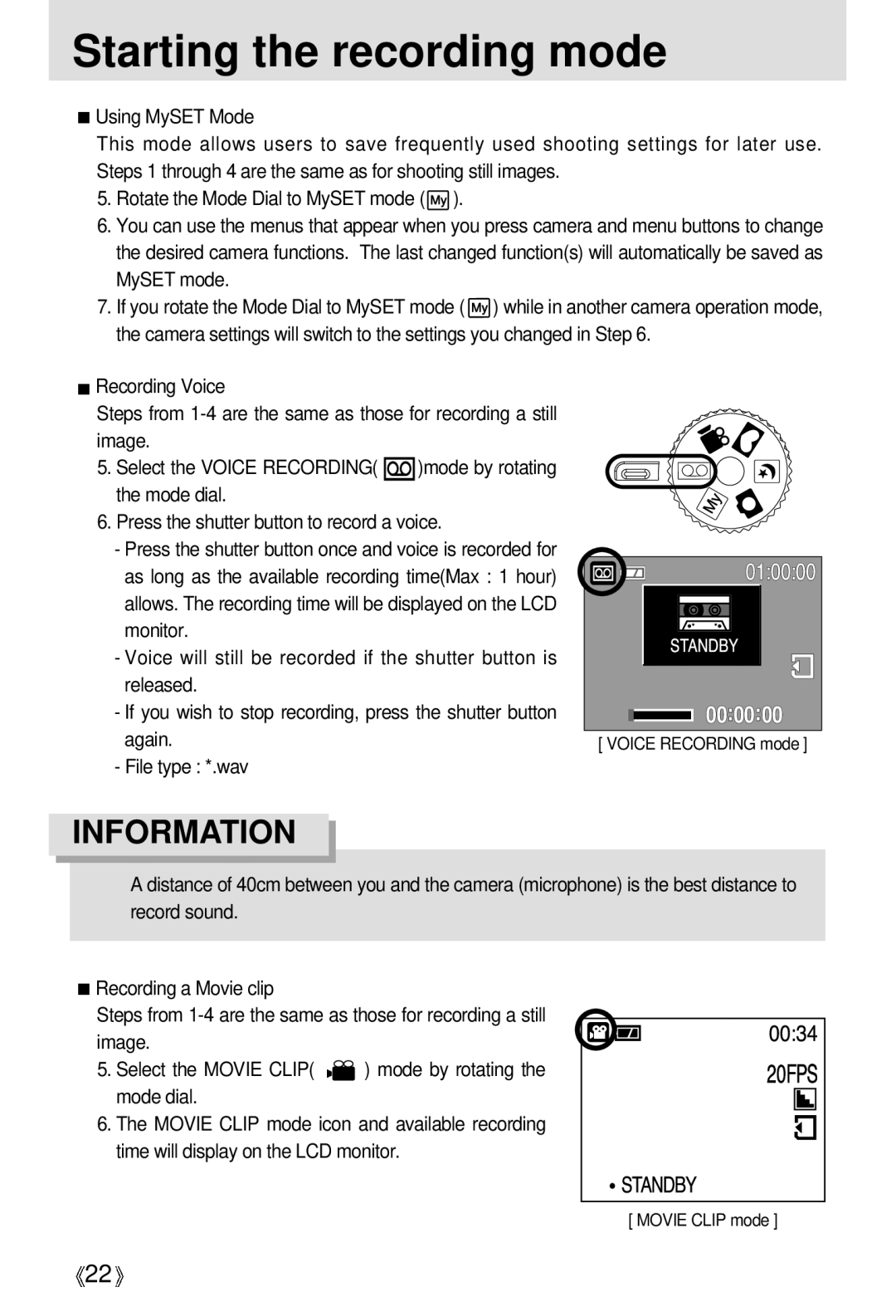 Samsung Digimax 301 manual Starting the recording mode, Mode dial Press the shutter button to record a voice, Again 