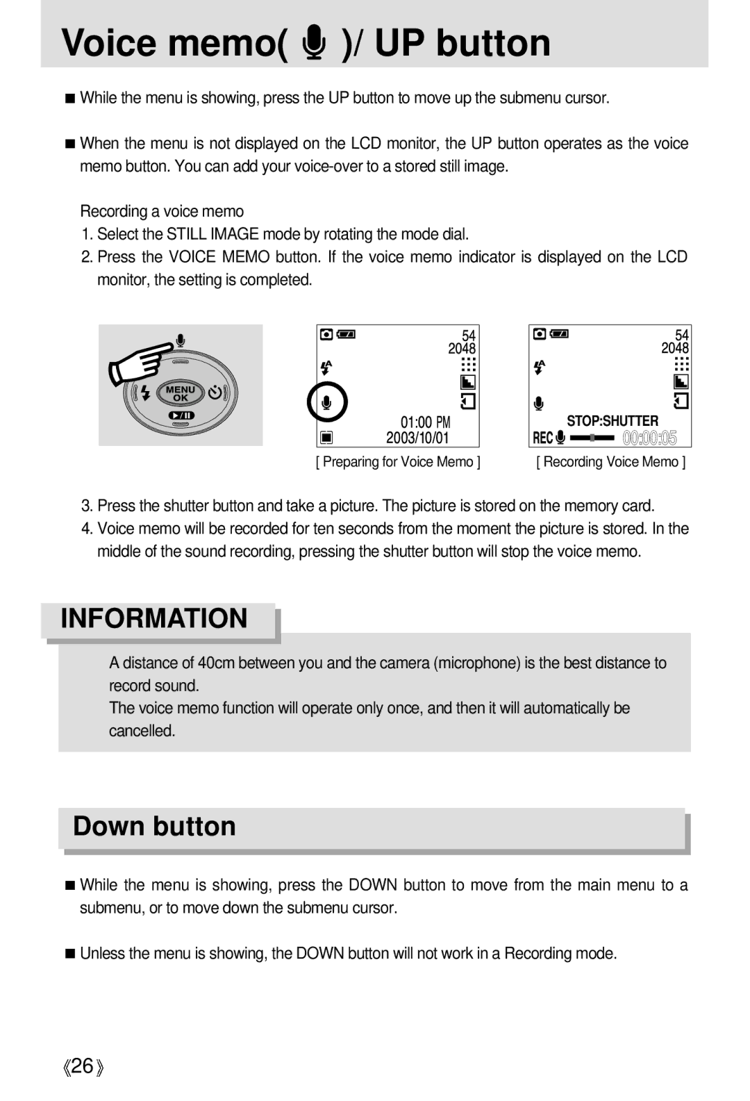 Samsung Digimax 301 manual Voice memo / UP button, Down button 