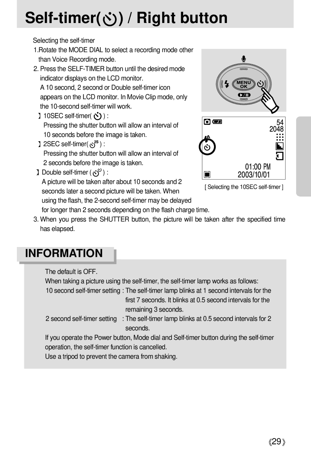 Samsung Digimax 301 manual Self-timer / Right button, 2SEC self-timer 