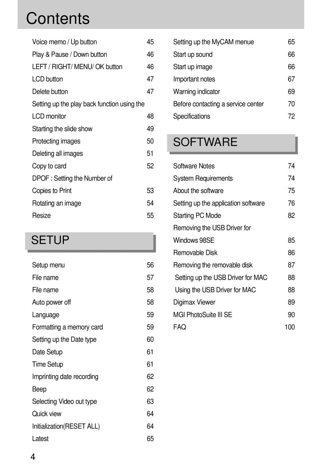 Samsung Digimax 301 manual Resize Starting PC Mode Removing the USB Driver for, 100 