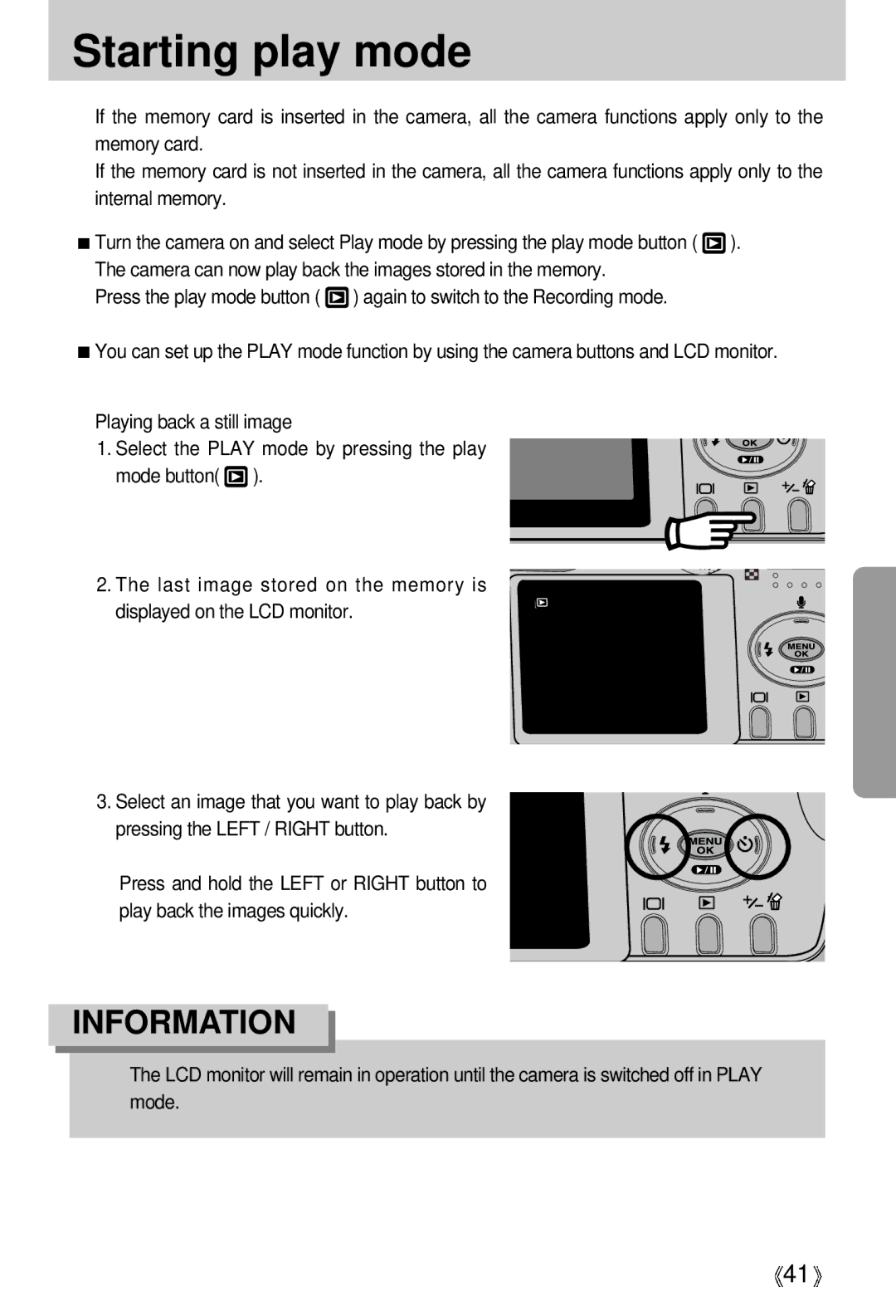 Samsung Digimax 301 manual Starting play mode 