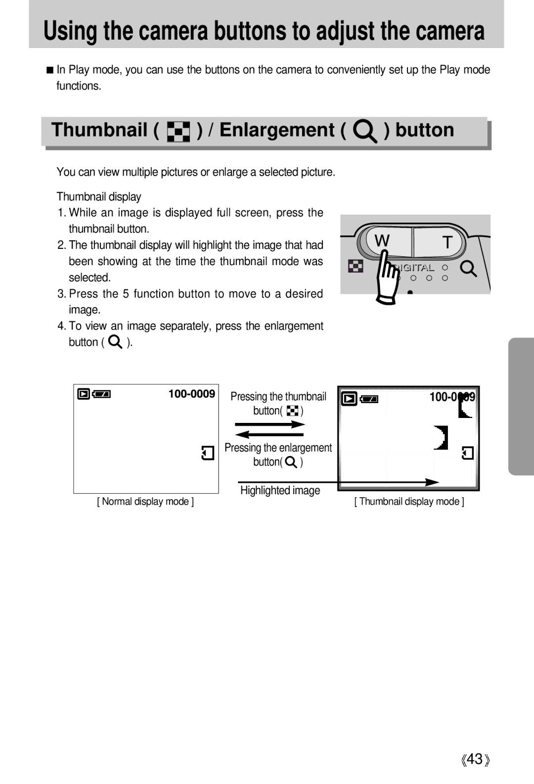 Samsung Digimax 301 manual Thumbnail / Enlargement button, Button Highlighted image 