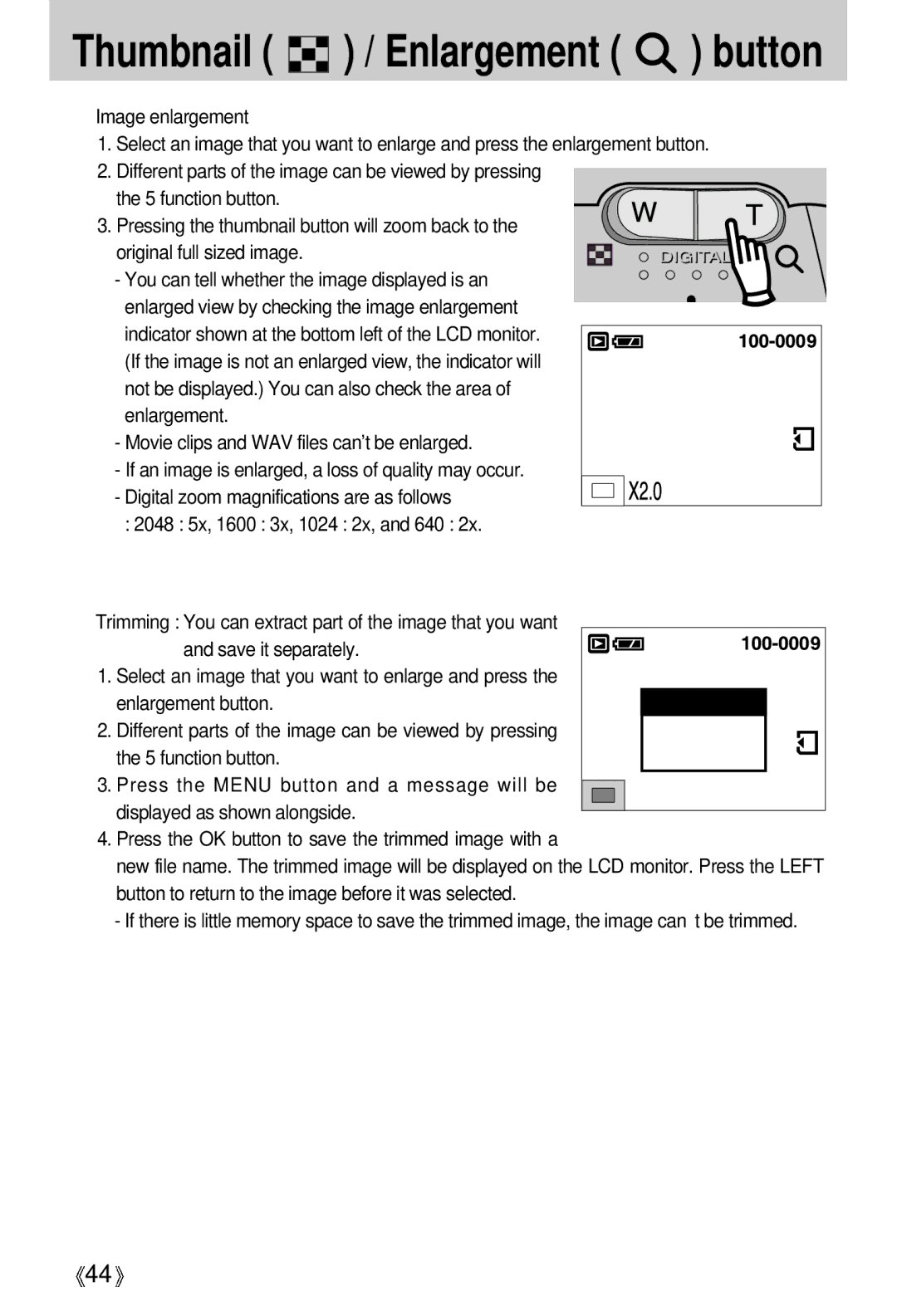 Samsung Digimax 301 manual Thumbnail / Enlargement button, Movie clips and WAV files cant be enlarged 