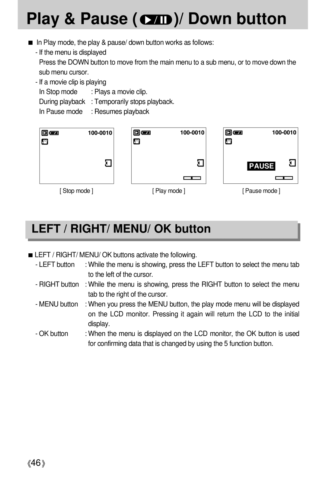 Samsung Digimax 301 manual Play & Pause / Down button, Left / RIGHT/ MENU/ OK button 