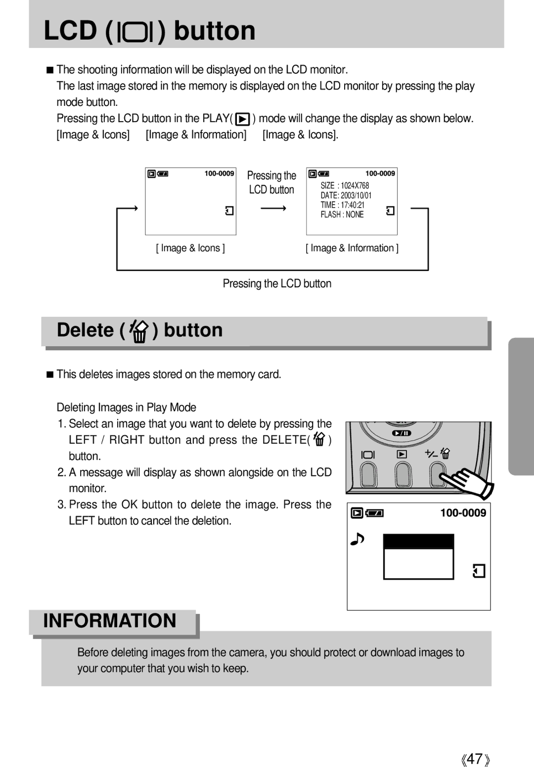 Samsung Digimax 301 manual LCD button, Delete button 