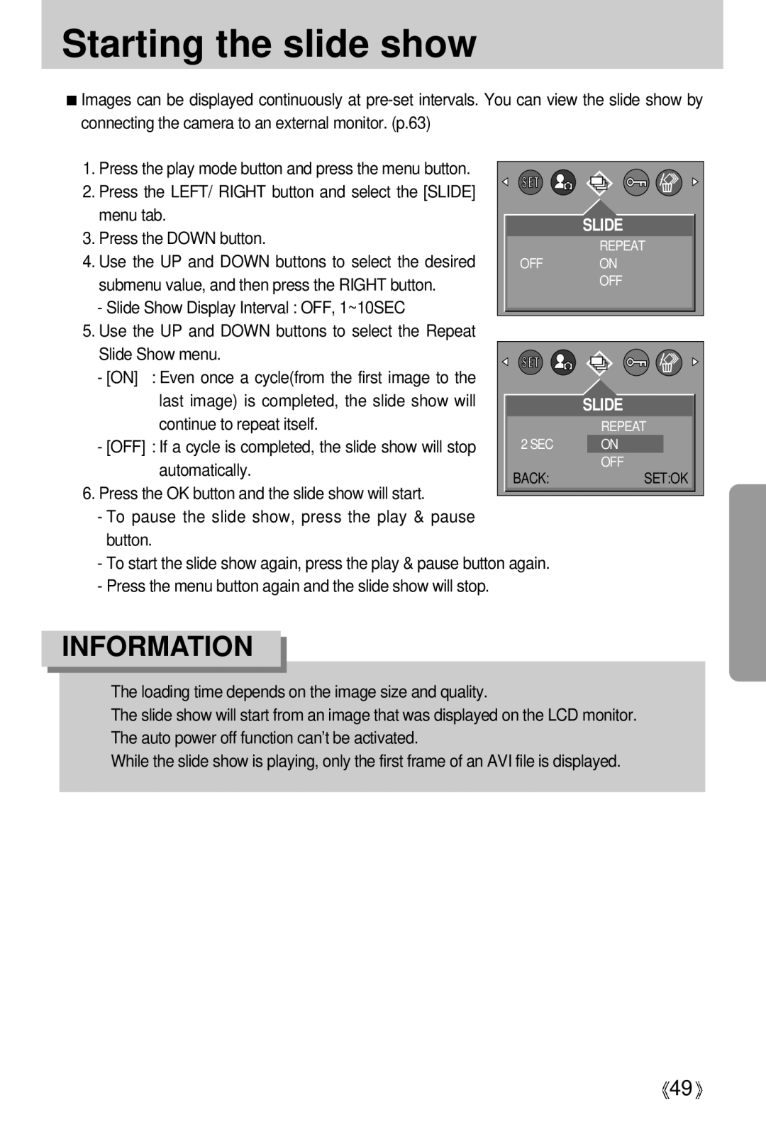 Samsung Digimax 301 manual Starting the slide show 