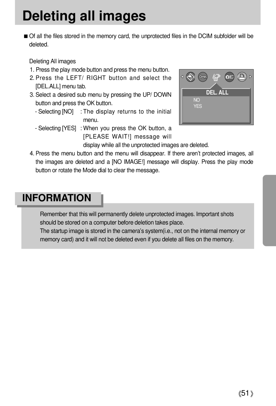 Samsung Digimax 301 manual Deleting all images, Press the LEFT/ Right button and select DEL.ALL menu tab 