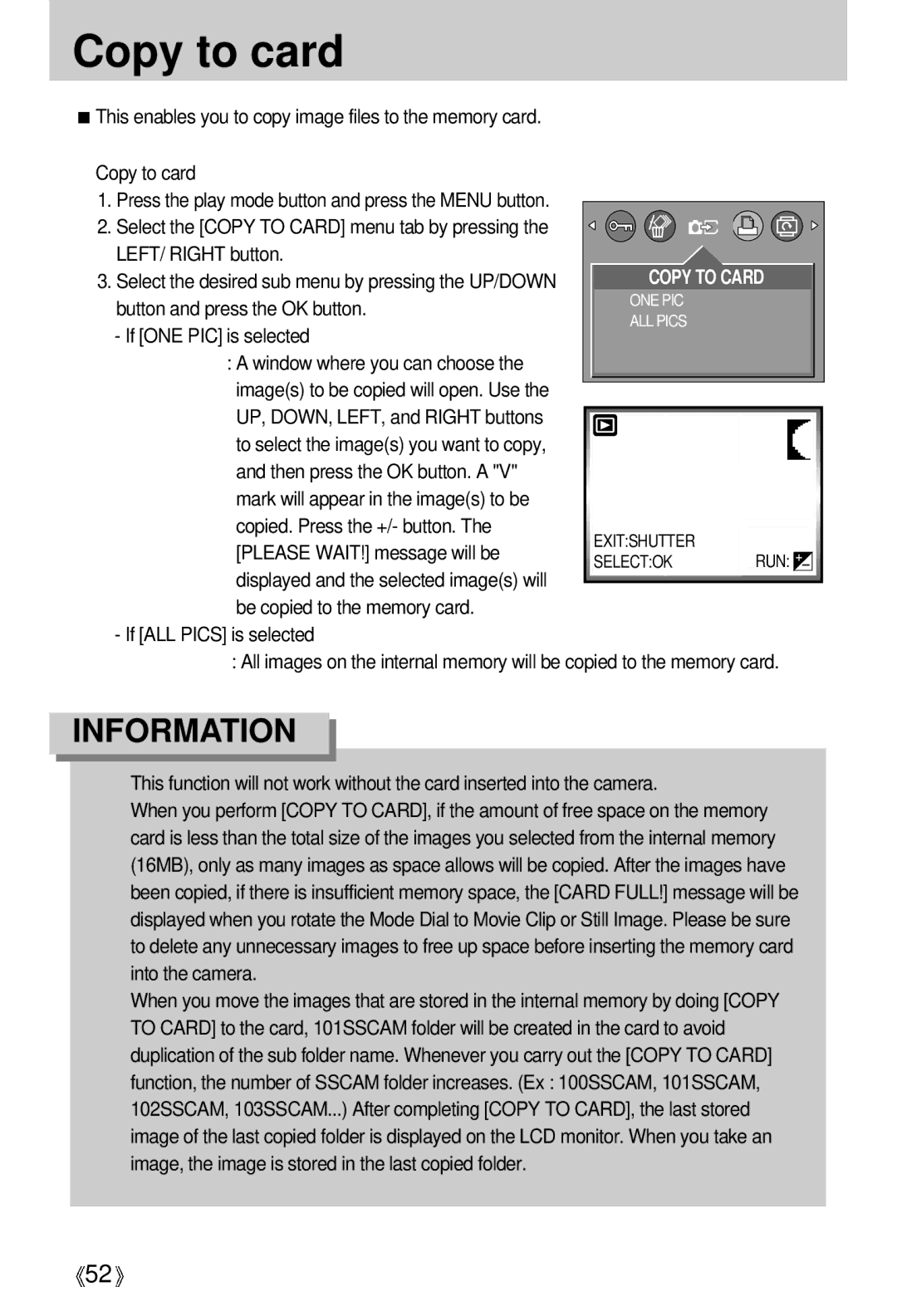 Samsung Digimax 301 manual Copy to card, UP, DOWN, LEFT, and Right buttons 