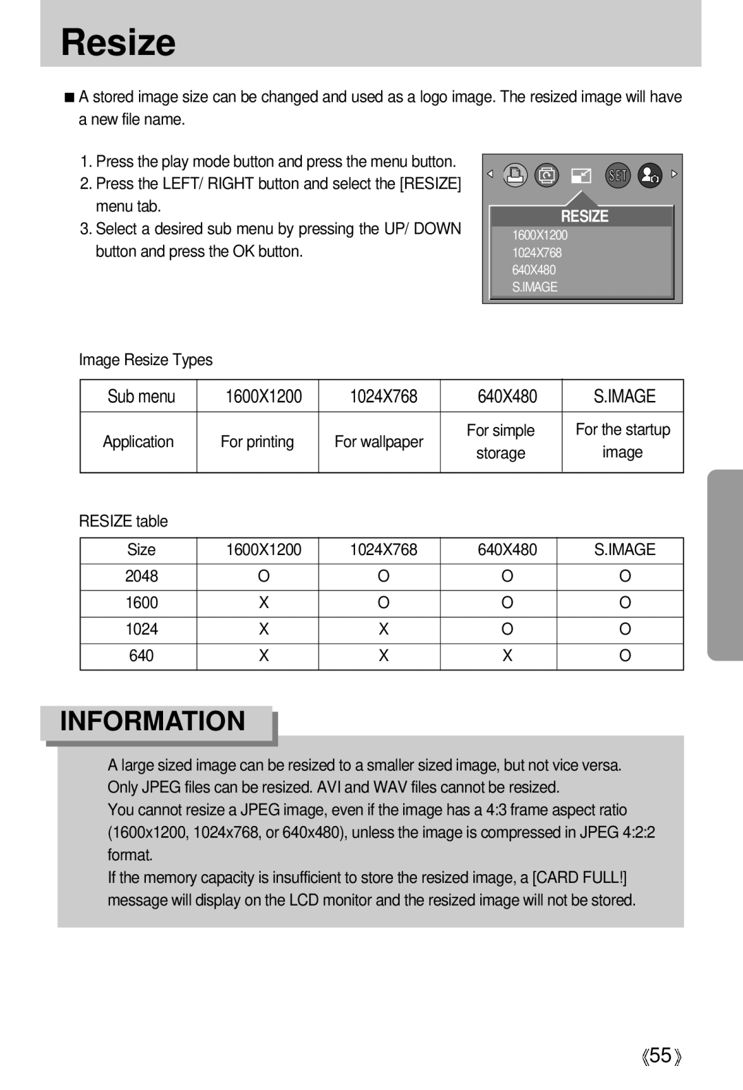 Samsung Digimax 301 manual 1600X1200, Application For printing For wallpaper, Resize table 