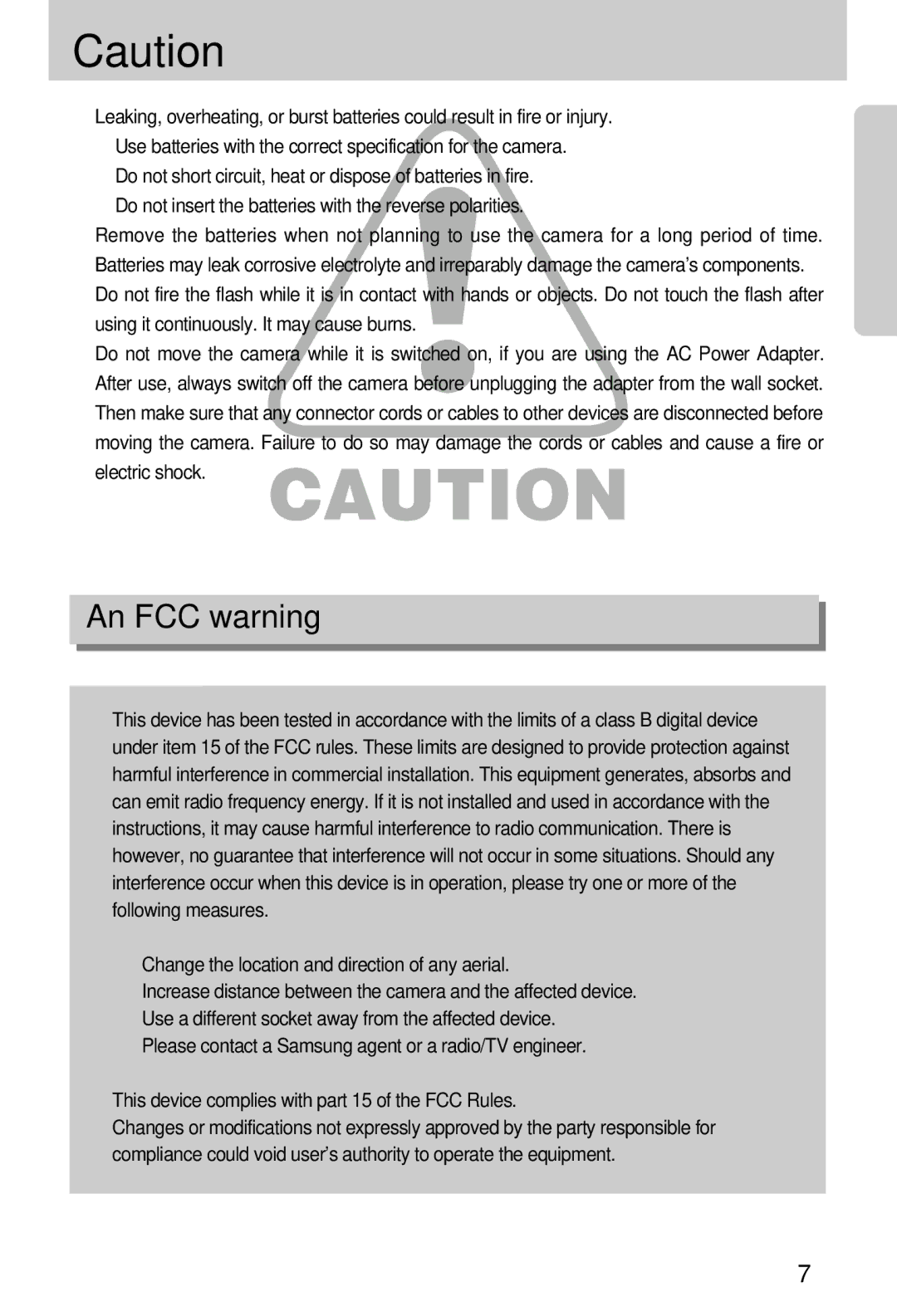 Samsung Digimax 301 manual An FCC warning 