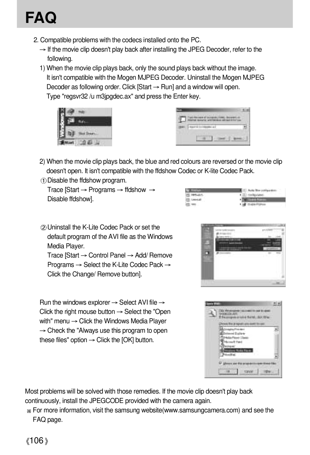 Samsung Digimax A4 user manual Type regsvr32 /u m3jpgdec.ax and press the Enter key 