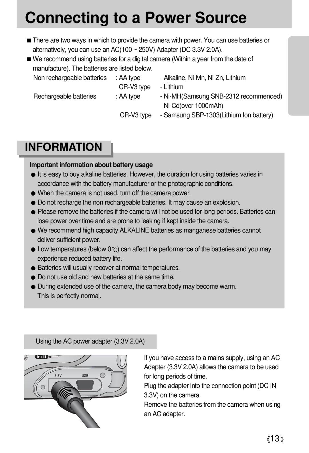 Samsung Digimax A4 user manual Connecting to a Power Source, Ni-Cdover 1000mAh 