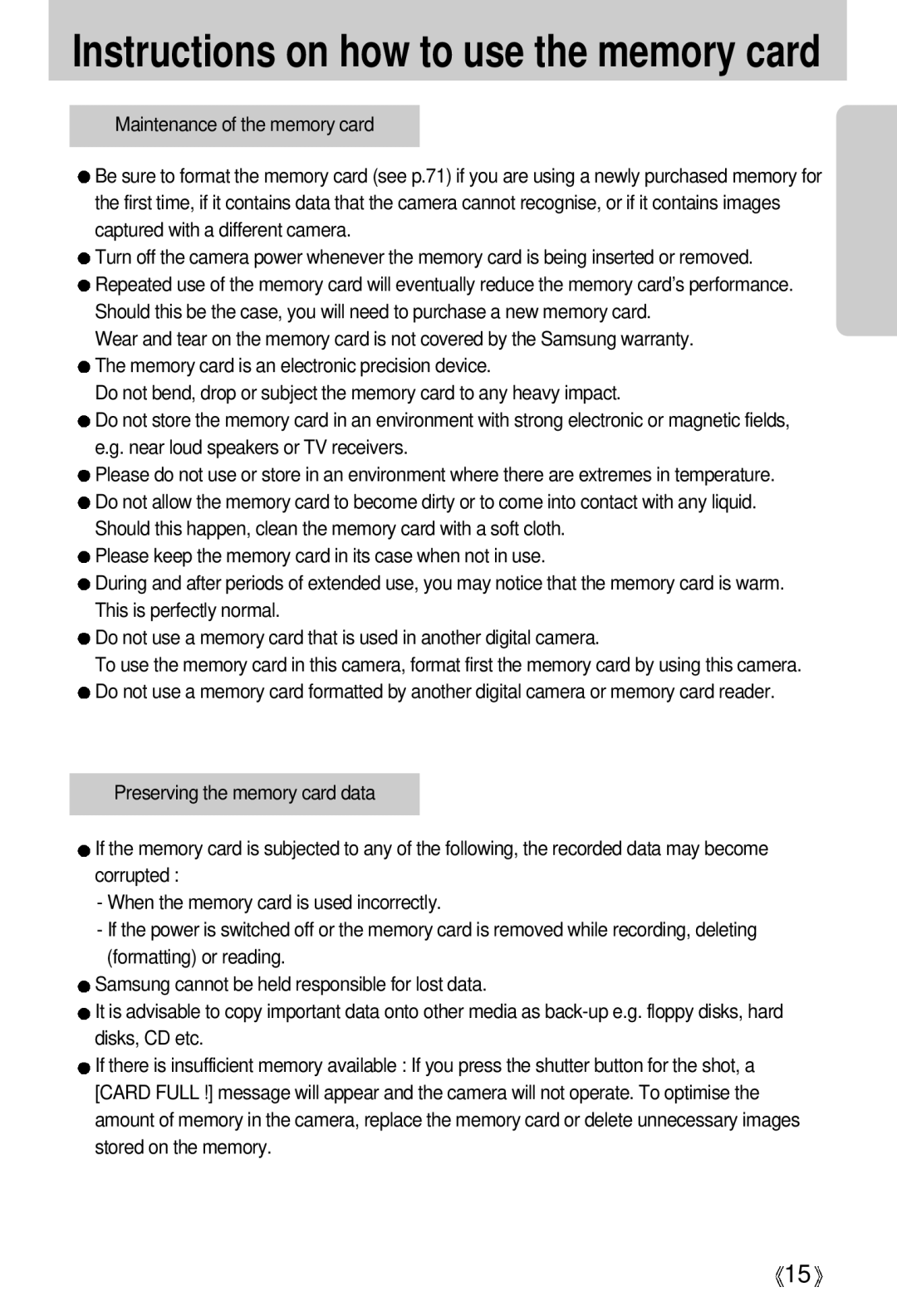 Samsung Digimax A4 user manual Instructions on how to use the memory card 