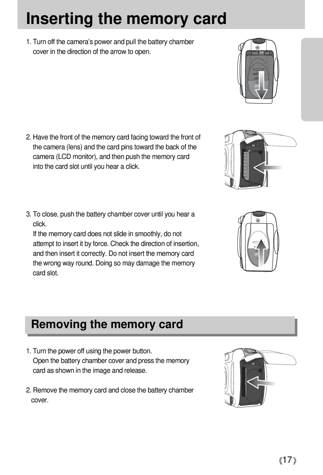 Samsung Digimax A4 user manual Inserting the memory card, Removing the memory card 