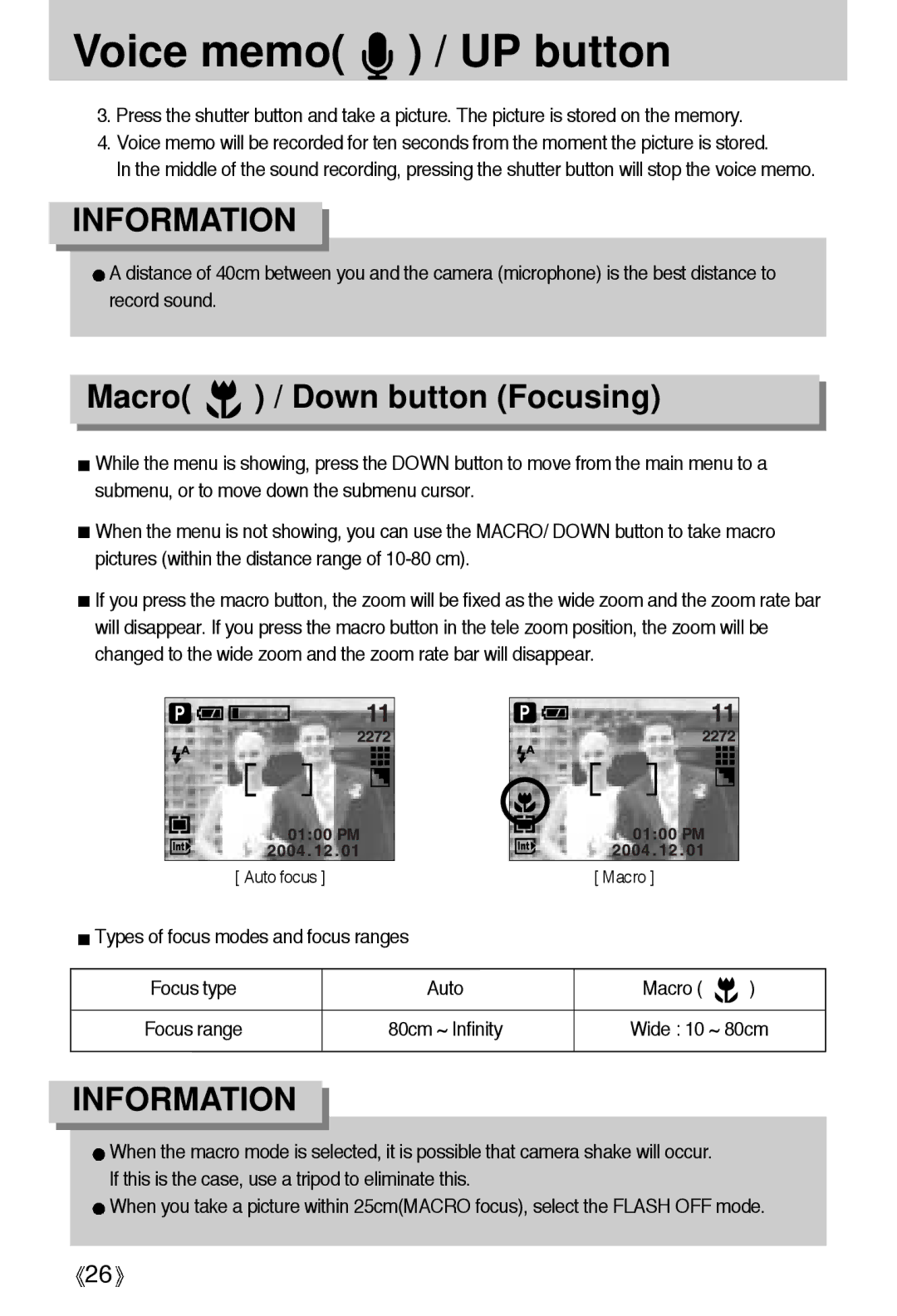 Samsung Digimax A4 user manual Voice memo / UP button, Macro / Down button Focusing, Types of focus modes and focus ranges 