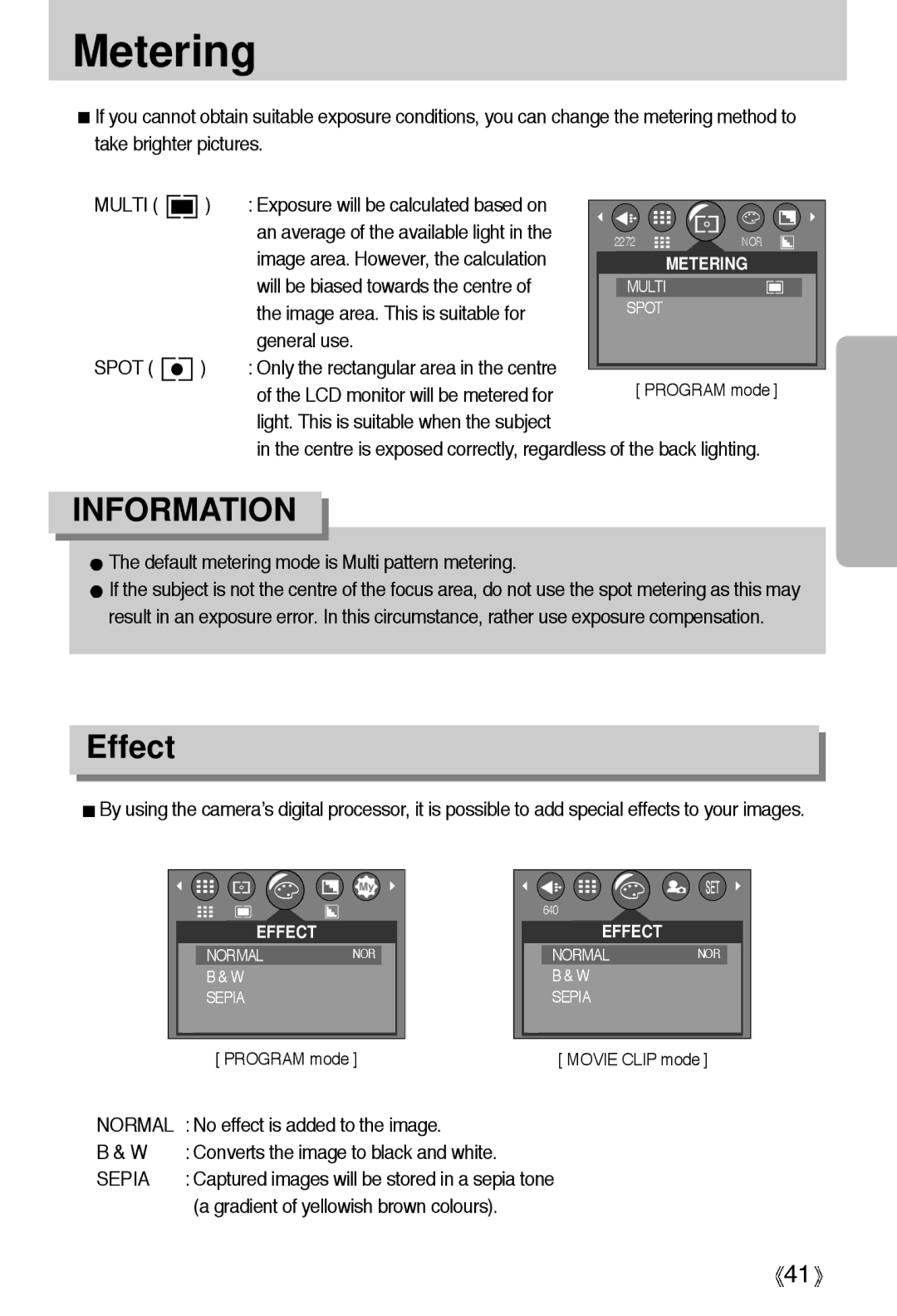 Samsung Digimax A4 user manual Metering, Effect, Spot, Sepia 