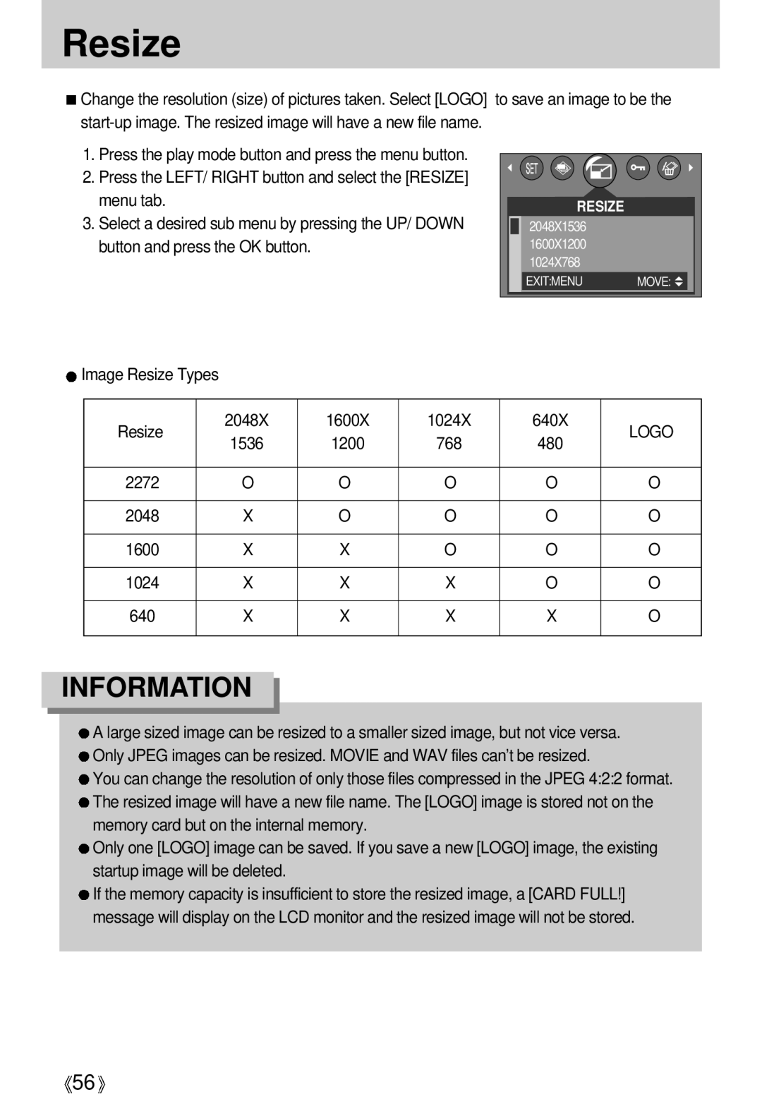 Samsung Digimax A4 user manual Image Resize Types 2048X 1600X 1024X 640X, Logo, 1536 1200 768 480 