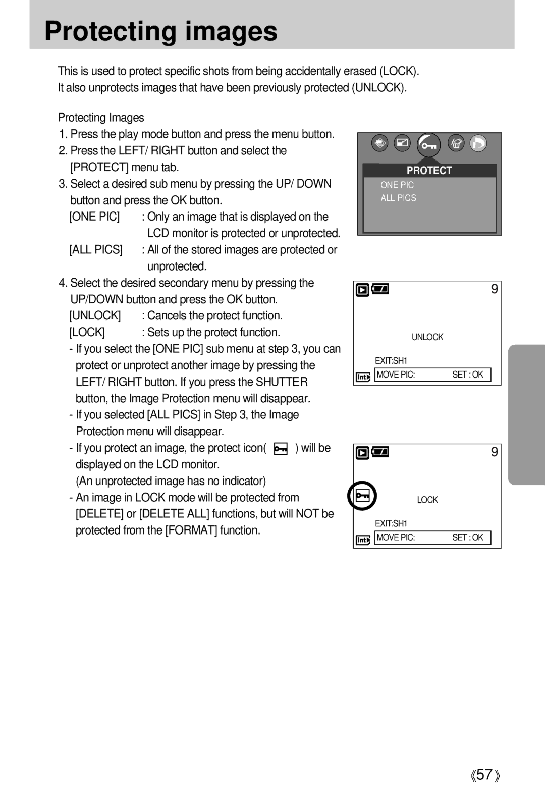 Samsung Digimax A4 user manual Protecting images, ALL Pics, Unprotected, Unlock, Lock 