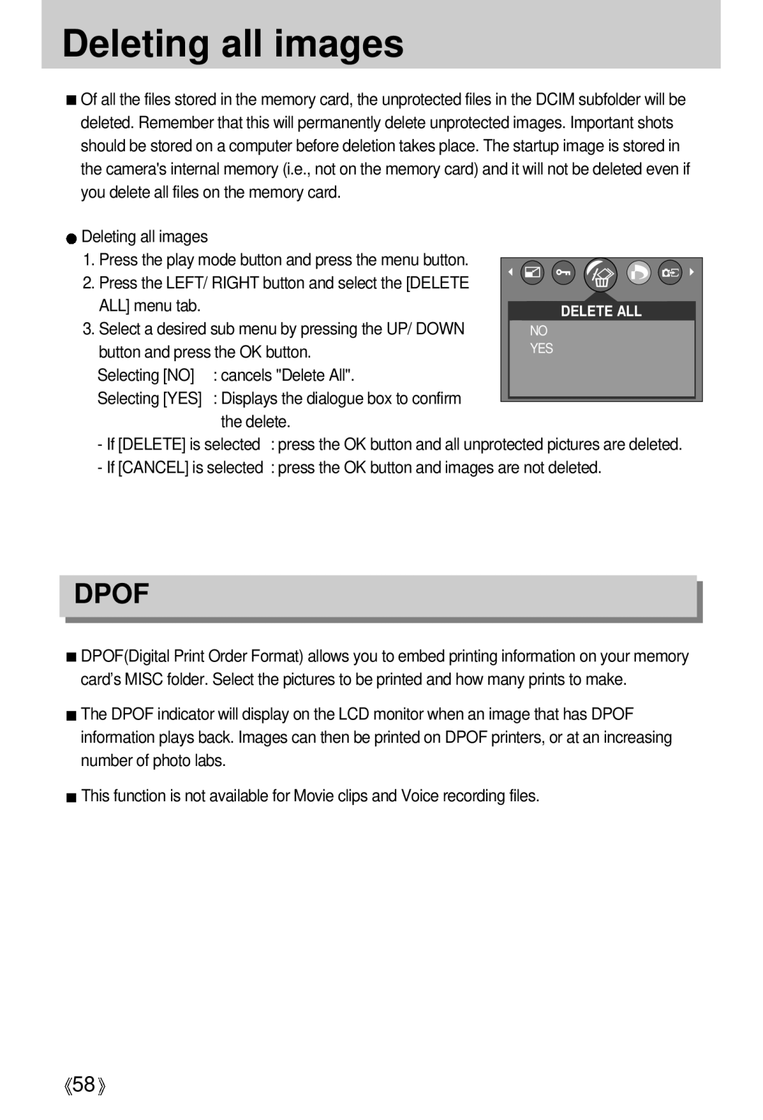 Samsung Digimax A4 user manual Deleting all images, Button and press the OK button, Selecting no Cancels Delete All 