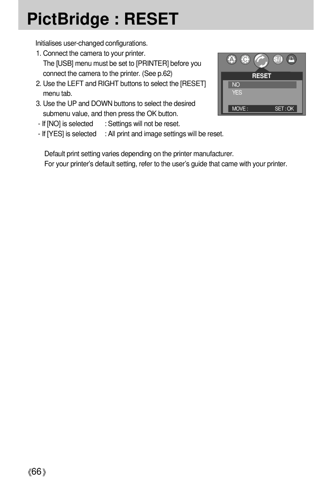 Samsung Digimax A4 user manual PictBridge Reset 