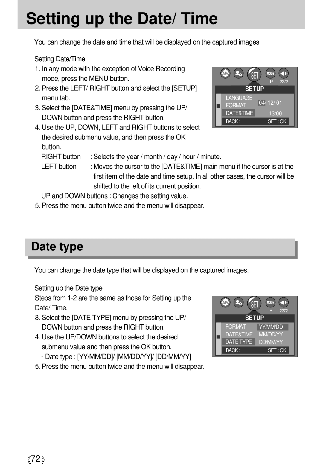 Samsung Digimax A4 user manual Setting up the Date/ Time, Date type 