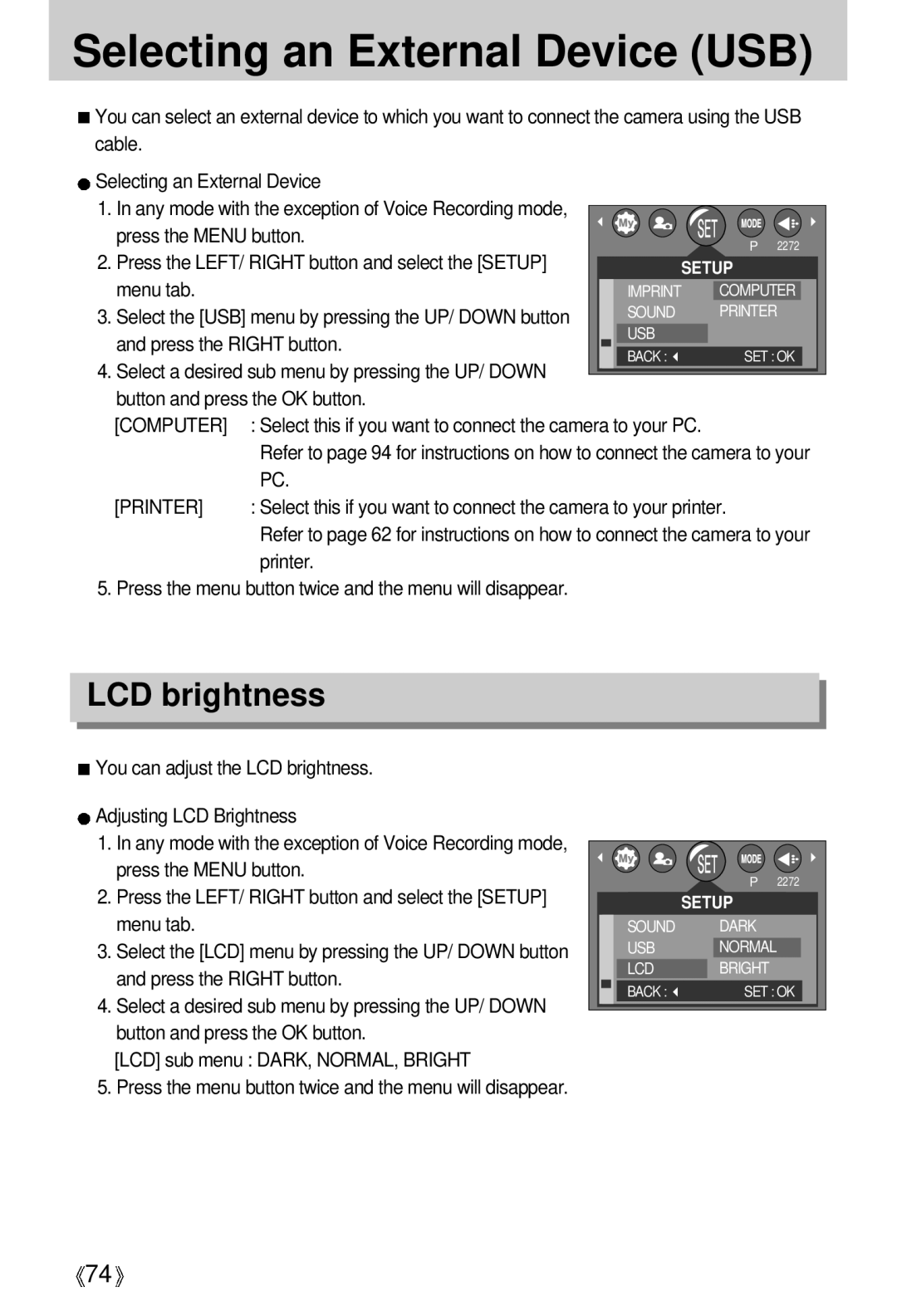 Samsung Digimax A4 user manual Selecting an External Device USB, LCD brightness, Printer 