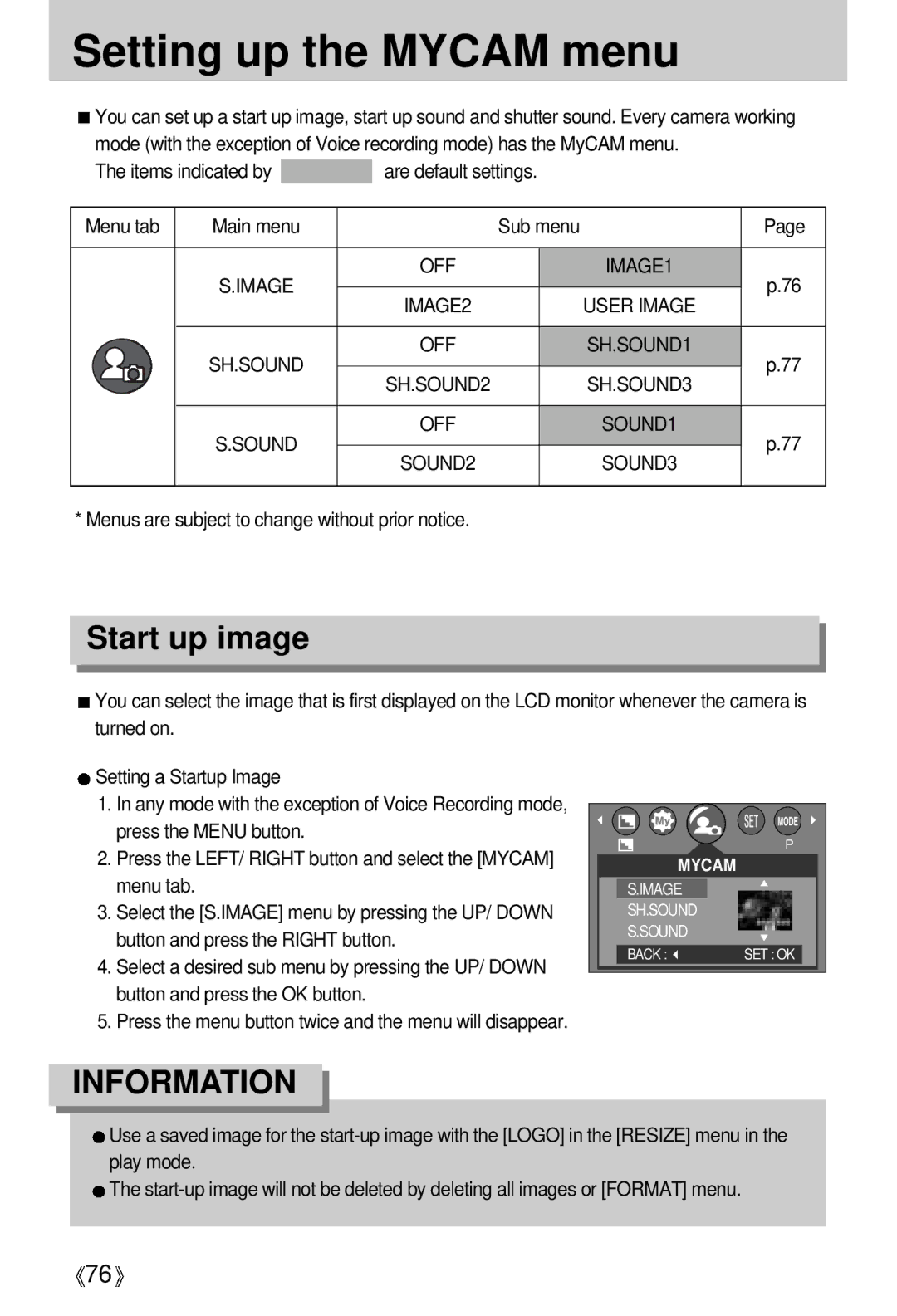 Samsung Digimax A4 Setting up the Mycam menu, Start up image, Items indicated by are default settings Menu tab Main menu 