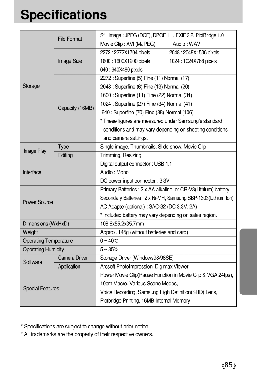 Samsung Digimax A4 user manual File Format, Superfine 27 Fine 34 Normal, Superfine 70 Fine 88 Normal, Power Source 