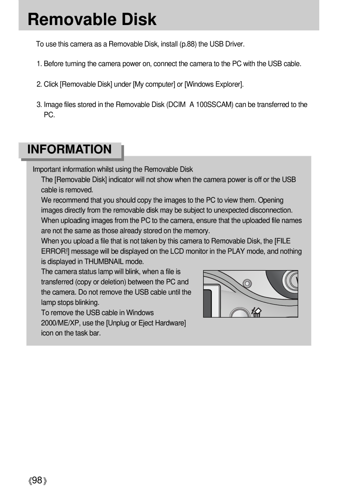 Samsung Digimax A4 user manual Removable Disk, Lamp stops blinking, Icon on the task bar 