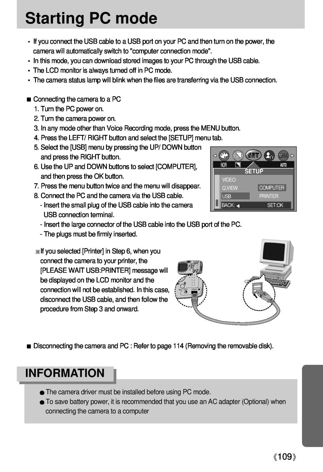 Samsung Digimax U-CA user manual Starting PC mode, Information, and press the RIGHT button, and then press the OK button 
