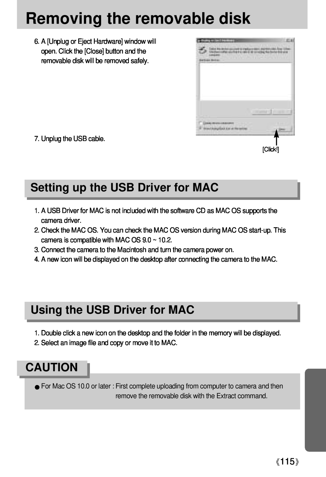 Samsung Digimax U-CA Setting up the USB Driver for MAC, Using the USB Driver for MAC, Removing the removable disk 