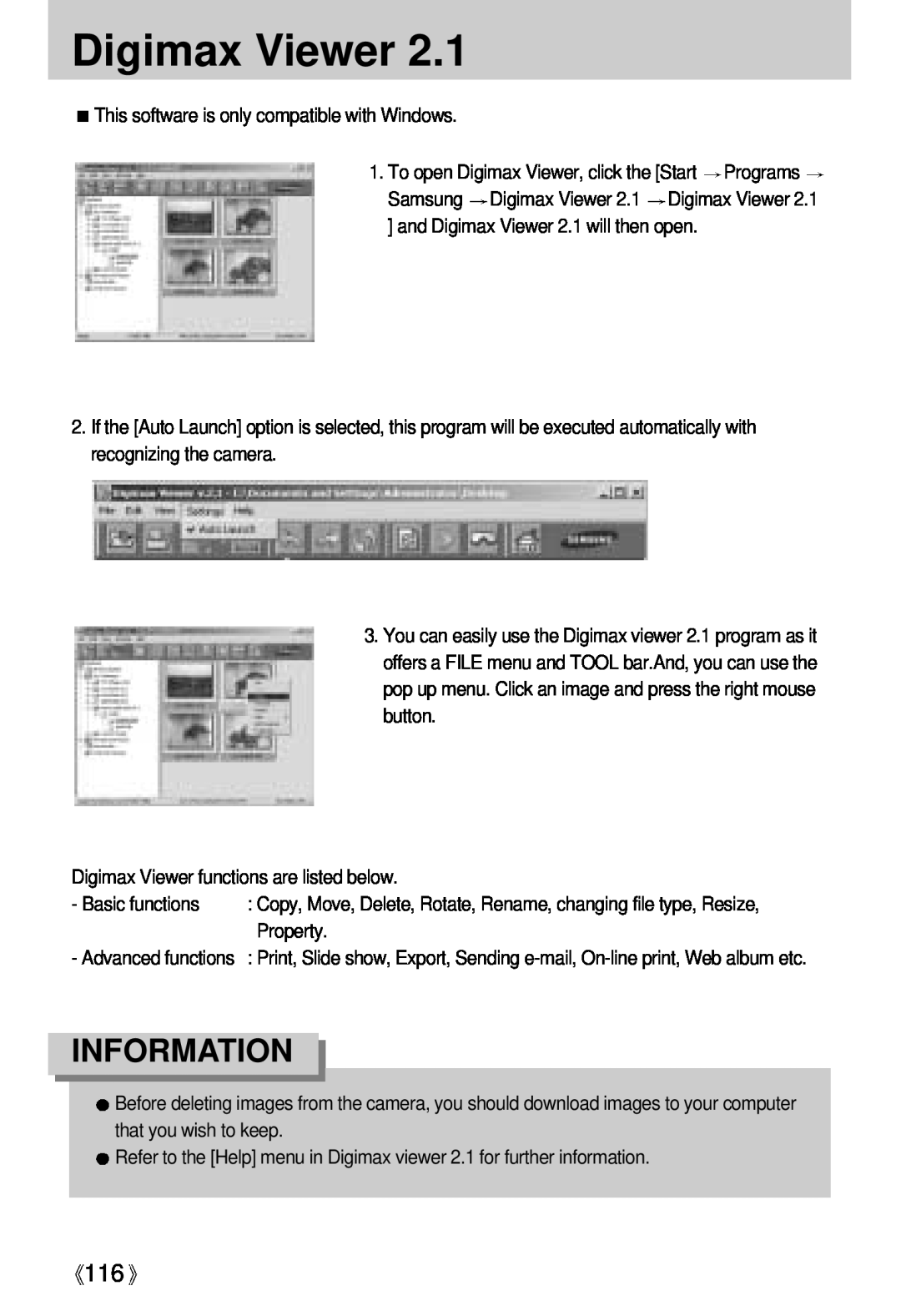 Samsung Digimax U-CA user manual Digimax Viewer, Information 
