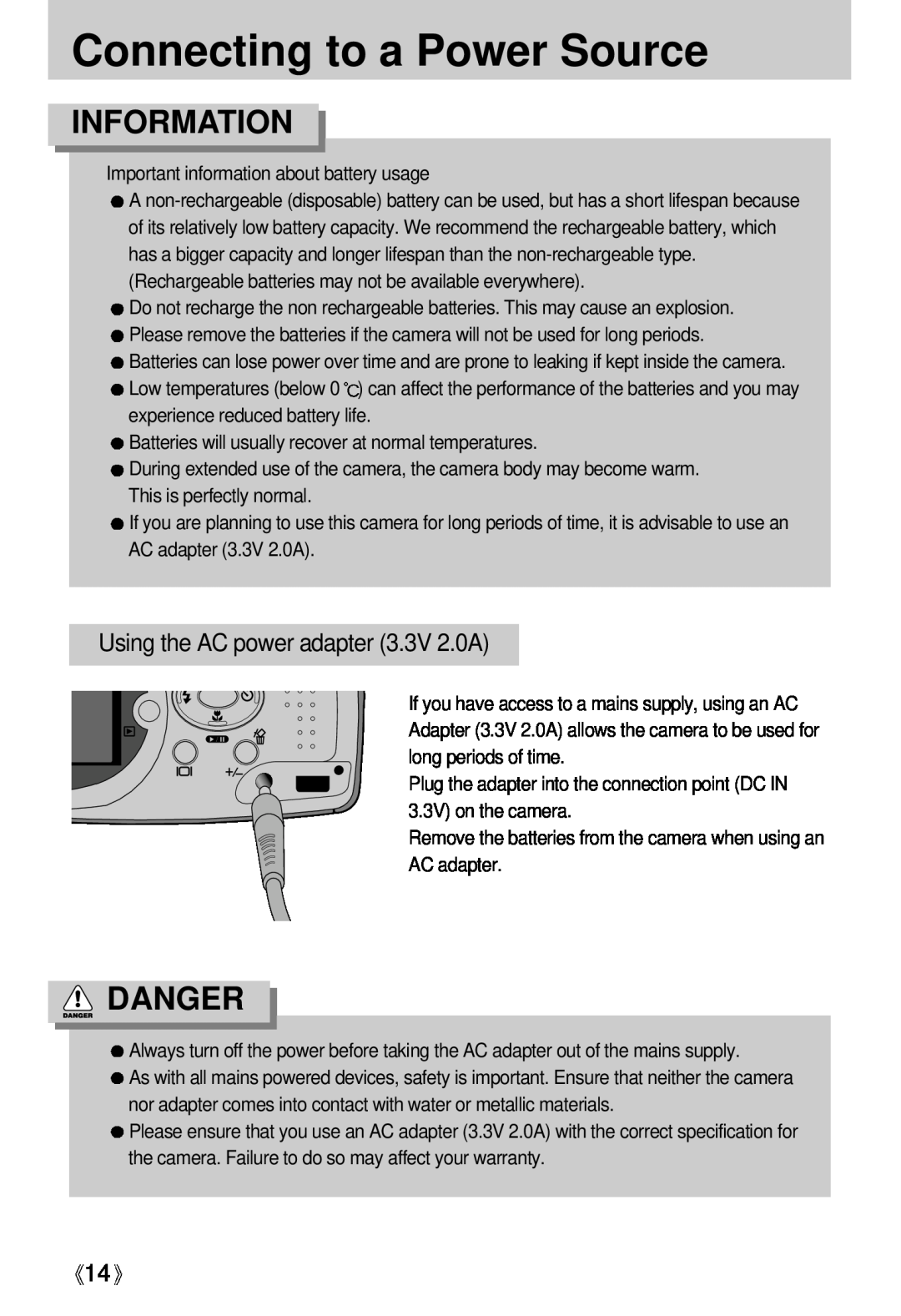 Samsung Digimax U-CA user manual Connecting to a Power Source, Information, Danger, Using the AC power adapter 3.3V 2.0A 