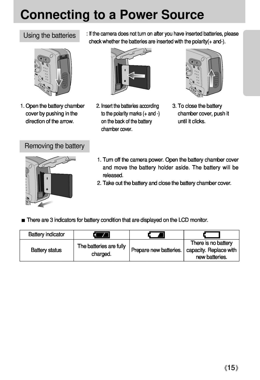 Samsung Digimax U-CA user manual Connecting to a Power Source, Removing the battery, Using the batteries 