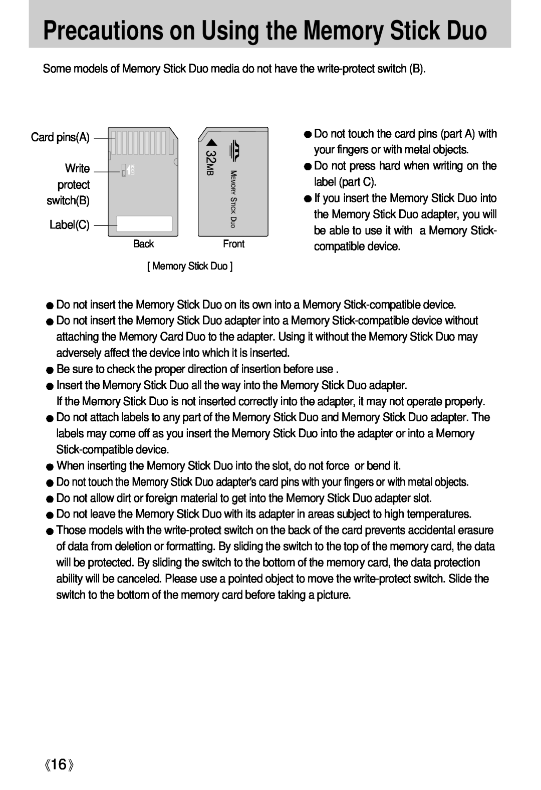 Samsung Digimax U-CA user manual Precautions on Using the Memory Stick Duo 