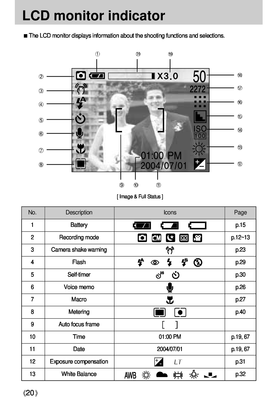 Samsung Digimax U-CA user manual LCD monitor indicator, Page, Time 