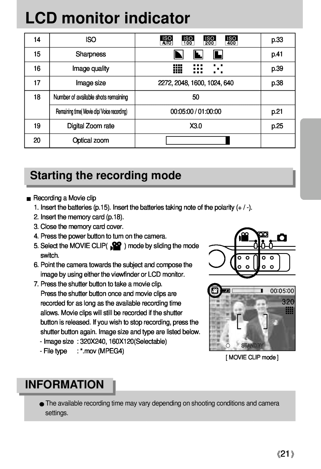 Samsung Digimax U-CA user manual Starting the recording mode, LCD monitor indicator, Information, p.33 